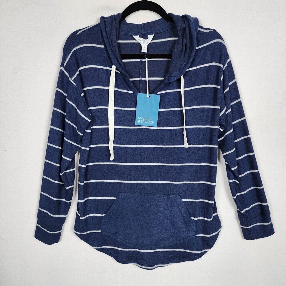 NWT! Market & Spruce Brushed Knit Lightweight Hoodie Navy Blue White Size XS